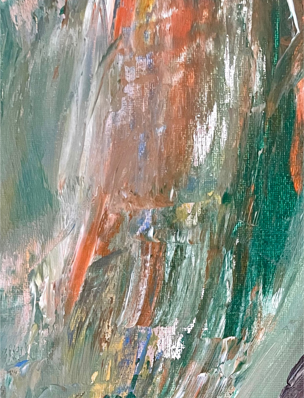 Abstract winter artwork in soft grey, forest green and rust